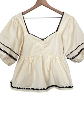 Strut & Bolt Ivory Black Embroidered Trim Puff Sleeve Babydoll Blouse